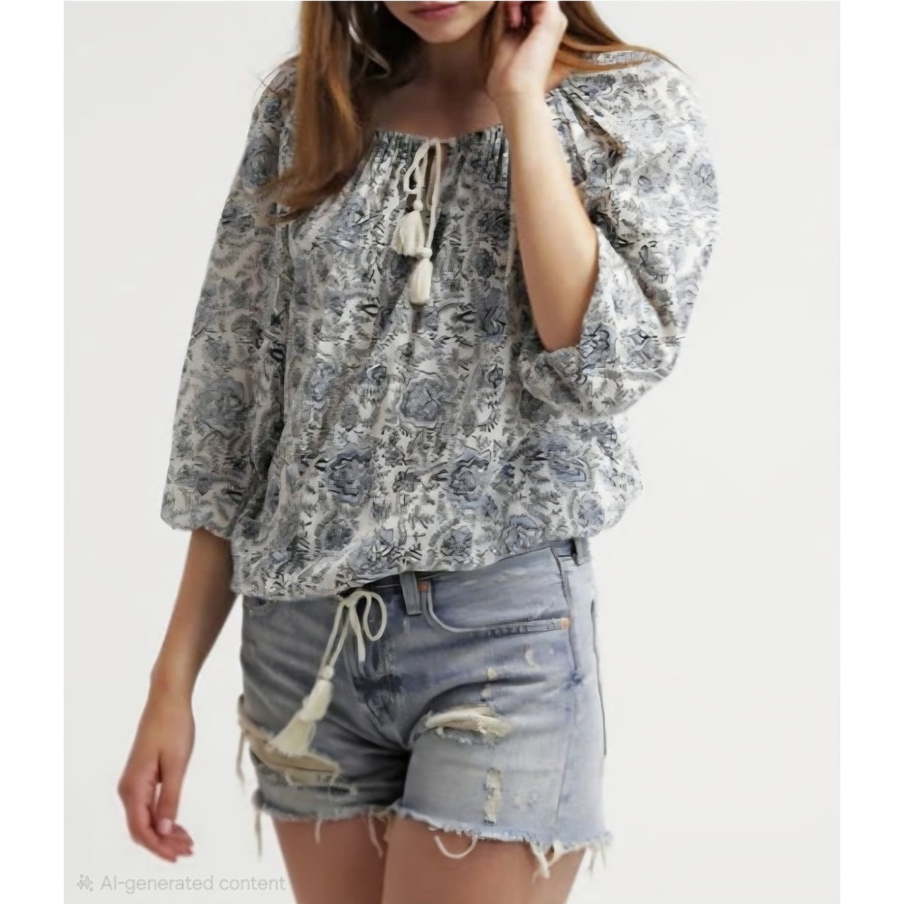 Denim & Supply Ralph Lauren Blouse Womens M Floral Boho Peasant Tassel Gauze Top